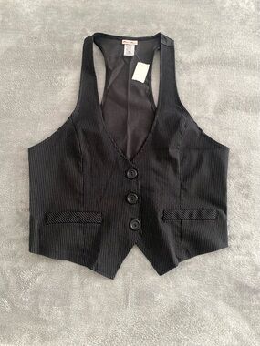 Black Pinstripe Tailored Vest 2XL Button Front Classic Chic